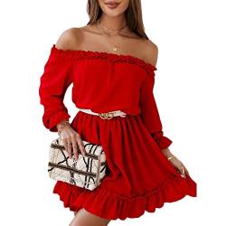 Godoboo Damen Sommerkleid A-Linien-Kleid Off Shoulder Swing Kleid Strandkleid Party Kleid Minikleider Lantern Langarm Cocktailkleider Shorts Rüschenkleid von Godoboo