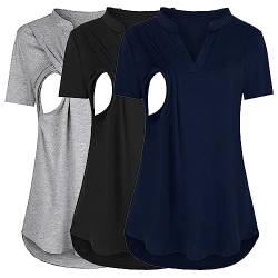 Elegante Blusen 3/4 Ärmel Damen Umstandsmode Kurzarm Rundhalsausschnitt Einfarbig Asymmetrisch Klappe Stilltops T-Shirt Zum Stillen 3er Pack Damen-Stillshirt-Kurzarm-Umstands-Nursing-T-Shirt-Tops von Godom