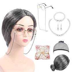 Gohytal Oma Perücke Set, 8 Stück Alte Dame Perücke Old Lady Kostüm Cosplay Zubehör, Großmutter Perücke Perücke Kappe Oma Brille Brillen mit Ketten Perlenkette für Karneval Halloween Party Fasching von Gohytal