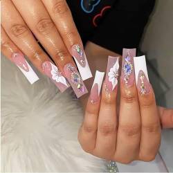 Goiern 24PCS White Press on Nails Artificail Extra Long, French Square Fake Nails, Crystal Flowers Nails Acrylic Full Cover Long Fake Nails with Design Nail Tips von Goiern