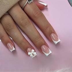 Goiern 24Pcs Pink Press on Nails Short Square Fake Nails White French Tip Full Cover Glue on Nails Solid Color Glossy Nude Pink Designs Cute False Nails von Goiern