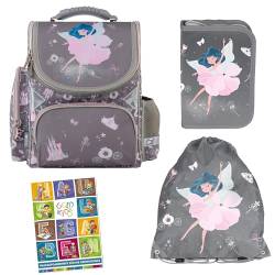 Goldkids - Schulranzen für Jungen und Mädchen, 4er-Set - Schul-Rucksack für Kinder mit Federmäppchen - Schuhbeutel und Hausaufgabenheft - Ballerina Motiv - 1-3 Klasse von Goldkids