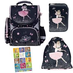 GOLDKIDS - Schulranzen für Jungen und Mädchen, 4er-Set - Schul-Rucksack für Kinder mit Federmäppchen - Schuhbeutel und Hausaufgabenheft - Ballerina Motiv - 1-3 Klasse von Goldkids