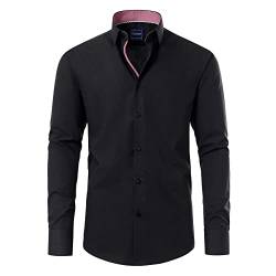 Gollnwe Herren Langarm Regular Fit Casual Hemden Kontrast Kragen und umwandelbare Manschetten Kleid Hemd Schwarz 3XL von Gollnwe