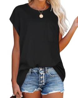 Damen Tshirt Kurzarm Bluse Sommer Oberteile Rundhals Basic Shirt Lässig Tops mit Tasche(Black,L) von Gosunny