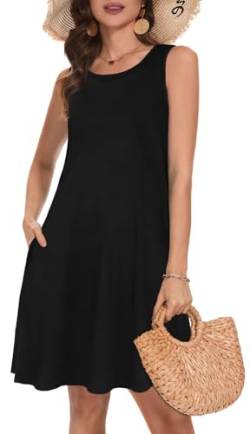 Gosunny Damen Leicht Sommerkleid Größe Casual Floral Rundhalsausschnitt Taschen Sundress Urlaub Flowy Boho Kleider（Schwarz，L） von Gosunny