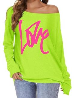 Schulterfreies Oberteil Damen Tops Langarm Pullover Grafik Shirt Bluse Neon Kleidung (Grün, L) von Gosunny