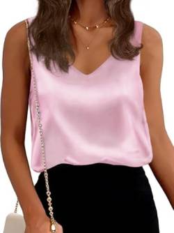 Tank Top Damen Silk Satin Camisole Sleeveless Tops V Neck Shirt Summer Basic Blouses(Rosa,L) von Gosunny