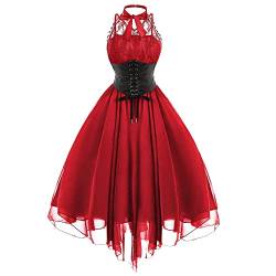 Damen Ärmellos Gothic Spitzenkleid 80er Jahre Fasching Korsett Halfter Spitze Swing Cocktail, rot, XX-Large von Gothden