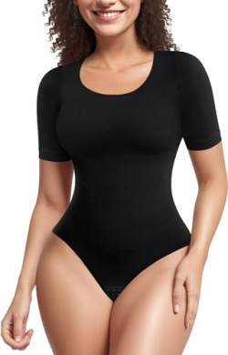 Gotoly Shapewear Damen Body Bauchweg Stark Formend Body Shaper Mit Kurzarm Top Rundhals Shaping Body Thong Sculpting Korsett Damenbody Sommer Oberteil T-shirts Bodys (Schwarz, XL) von Gotoly