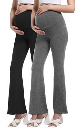 Gowjog 2 Pack Schwangerschafts Leggings Damen Umstands-Schlaghosen-Leggings Blickdicht Stretchy Bootcut über dem Bauch Umstandshosen Hose für Arbeit Yoga Lounge Sporthose(Schwarz/Melange Grau,L) von Gowjog