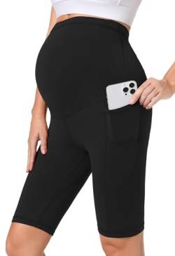 Gowjog Kurze Umstandsleggings Radlerhose Schwangerschaft Damen Umstandshose Schwangerschaft Shorts mit Taschen Kurz Schwangerschaft Für Schwangere (Schwarz,XL) von Gowjog