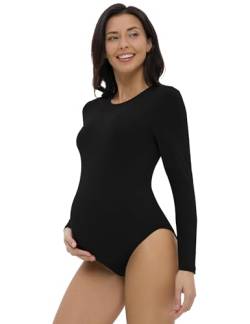 Gowjog Mutterschafts-Body Rundhalsausschnitt mit langen Ärmeln Umstandsshirt Tops Jumpsuit Strampler Schwangerschaft Shapewear Body Anzug Schwangerschaft Stretchy Basic Body Anzug Shirt (Schwarz,L) von Gowjog