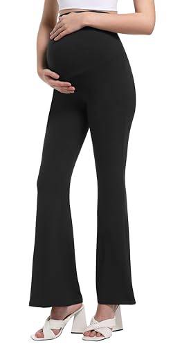 Gowjog Schwangerschafts Leggings Damen Umstands-Schlaghosen-Leggings Mutterschaft Yoga Hosen Blickdicht Stretchy Bootcut über dem Bauch Umstandshosen Hose für Arbeit Lounge Sporthose(Schwarz,S) von Gowjog