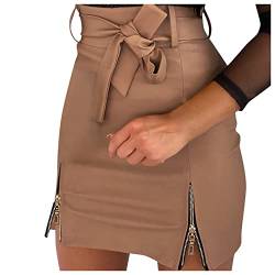 Graceyo Dame Rock Frauen Sexy PU Leder Bleistift Bodycon Belted Bogen Knoten Gebunden Schlitz Split Hohe Taille Mini kurzer Röcke Kunstleder Minikleider mit Reißverschluss Lederrock von Graceyo