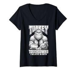 Damen Truthahn & Touchdowns Funny Thanksgiving Bigfoot Fußball T-Shirt mit V-Ausschnitt von Grandio Design Happy Thanksgiving Turkey Designs