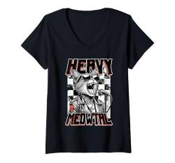 Damen Heavy Meowtal Cat Funny Metal Music Band Sänger Musiker T-Shirt mit V-Ausschnitt von Grandio Design Music Lover & Musician Gifts