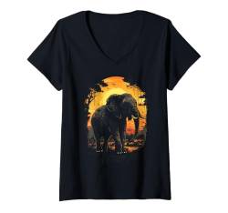 Damen Elefant Sonnenuntergang Safari Wildlife Tierliebhaber Geschenk T-Shirt mit V-Ausschnitt von Graphic Tees Men Women Boys Girls