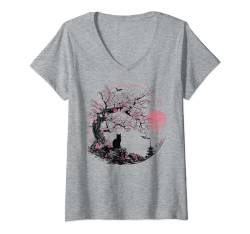Damen Japanische Sakura-Katze, ästhetisches Geschenk für japanische Liebhaber T-Shirt mit V-Ausschnitt von Graphic Tees Men Women Boys Girls