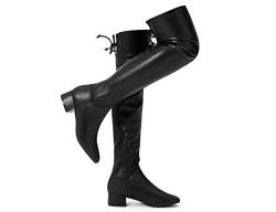 Greatonu Damen Overknee Stiefel Warme Winter Lange Stiefel mit seitlichem Reißverschluss Zurück Spitze Mode Oberschenkel Hohe Stiefel 1.77 inchs Schwarz Pu Leather EU 39 von Greatonu