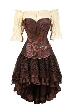 Grebrafan Steampunk Corsage Party Kostüm Karneval Retro Korsett mit Piraten Rock und Bluse (EUR(36-38) L, Braun 6) von Grebrafan