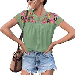 Bluse Damen Elegant Stickerei Bluse Kurzarm V-Ausschnitt Sommerbluse mit Quasten Krawatte Casual Hemdbluse T-Shirt Tops (S) von Greensen