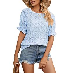 Damen T-Shirt Sommer Kurzarm Niedlich Rundhals Bedruckte Bluse mit Rüschen Puffärmel Elegant Blumen Top Bluse (XL) von Greensen