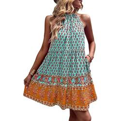 Greensen Damen Kleid Sommerkleider Bohemian Tunika Strandkleid Tunikakleider Ärmellos Blumenmuster Kurzes Sommerkleider Blumen Rundhals Kleid(XL-Grün) von Greensen