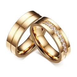 Grewod Edelstahl Ring, 6MM Paar Ring Gold Poliert mit Weiß Rund Zirkonia Trauringe Eheringe Damen Gr.52 (16.6) & Herren 57 (18.1) von Grewod