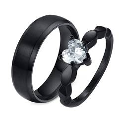 Grewod Eheringe Verlobungsringe, 6MM Edelstahl Paar Ring Schwarz Gebürstet mit Weiß Herz Zirkonia Damen Gr.62 (19.7) & Herren 60 (19.1) von Grewod