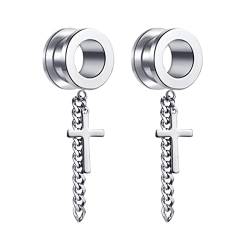 Grewod Ohrringe Plugs Damen, Edelstahl Silber Tunnel mit Hängend Kreuz Ohr Tunnel Herren Flesh Tunnel Ohr Expander Piercing Schmuck 6MM, 1 Paar von Grewod