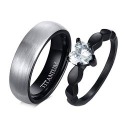 Grewod Paar Eheringe Partnerringe, 6MM Edelstahl Ring Silber Schwarz Gebürstet Herz Zirkonia Ring Damen Gr.54 (17.2) & Herren 60 (19.1) von Grewod