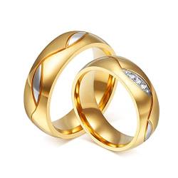 Grewod Paar Ringe, 6MM Edelstahl Ring Gold Poliert mit Weiß Rund Zirkonia Eheringe und Verlobungsringe Damen Gr.62 (19.7) & Herren 54 (17.2) von Grewod