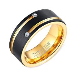 Grewod Ring Schmuck Männer, 8MM Wolfram Ring Schwarz Gold Gebürstet mit Weiß Rund Zirkonia Eheringe Größe 67 (21.3) von Grewod