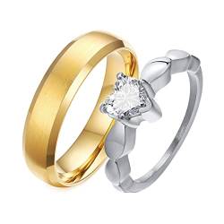 Grewod Trauringe Ringe, 6MM Edelstahl Paar Ring Gold Silber Gebürstet mit Weiß Herz Zirkonia Mode Ringe Damen Gr.52 (16.6) & Herren 67 (21.3) von Grewod