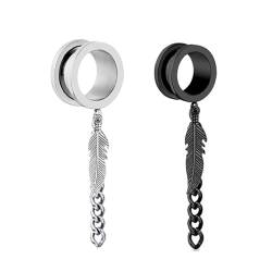 Grewod Tunnel Edelstahl, Silber Schwarz Rund mit Kette und Blatt Anhänger Ohr Tunnel Damen Herren Flesh Tunnel Ohr Plug Ohr Expander 22MM, 2 Stk von Grewod