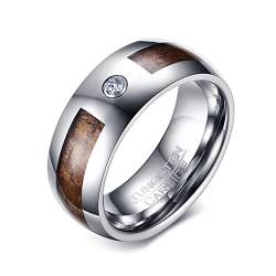 Grewod Verlobungsringe Hochzeit, 8MM Wolfram Herren Ring Silber Holz mit Weiß Rund Zirkonia Ringe Größe 62 (19.7) von Grewod