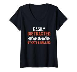 Damen Griller lässt sich leicht von Katzen ablenken und grillen T-Shirt mit V-Ausschnitt von Grilling Hobby Present Griller Apparel