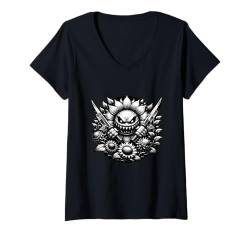 Damen Lustiger Garten Gangster Böse Monster Sonnenblume Gärtner T-Shirt mit V-Ausschnitt von Grimmige Pflanze Halloween Blume Grüner Daumen