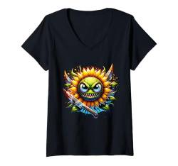 Damen Lustiger Garten Gangster Böse Monster Sonnenblume Gärtner T-Shirt mit V-Ausschnitt von Grimmige Pflanze Halloween Blume Grüner Daumen