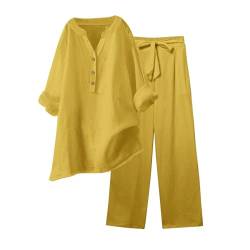 Damen Elegant 2-Teiler Set Summer Outfit mit Hose Matching Top Damen Sommer Set Elegant 2-Teiler mit Hose Schönem Oberteil Zweiteiler 2-Teiler Set mit Hose Top für Jeden (D-Yellow, XXXXXL) von Guanghuansishe