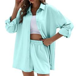 Zweiteiler Damen Sommer Musselin Bluse Hemd Shorts Clothes Aesthetic Zweiteiler Set Strand Outfit Set Two Piece Set Women,Zweiteiler Damen Sommer Musselin Bluse Hemd Shorts Clothes (Blue-a, S) von Guanghuansishe