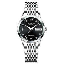 Guanqin Männer Frauen Paar Kalender Woche Strass Vintage Analog Automatische Selbstaufbauende Mechanische Armbanduhr Edelstahl Saphir Kristall Wasserdicht Helle Business Uhr, Damen Silber Schwarz, von Guanqin