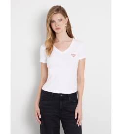 Guess für Damen. W2YI45J1314 Elastisches T-Shirt mit kleinem Dreieckslogo weiß (S), Lässig, Baumwolle, Kurzarm von Guess