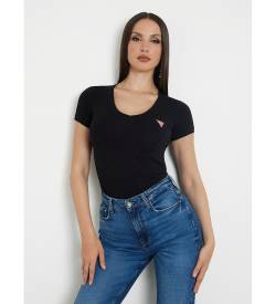 Guess für Damen. W2YI45J1314 Stretch-T-Shirt mit kleinem Dreieckslogo schwarz (M), Lässig, Baumwolle, Kurzarm von Guess