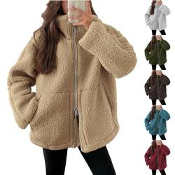 Guhmomh Teddyfleece Jacke Damen Winter Fleecejacke Winterjacke Reißverschluss Wintermantel mit Taschen Plüschjacke Einfarbig Flanellhemd Frauen Mantel Baumwolle Jacke Gutschein Khaki M von Guhmomh