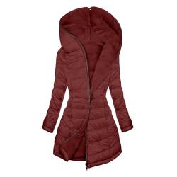 Guhmomh Winterjacke Damen Steppjacke Warmer Wintermantel Fleece Gefüttert Daunenjacke mit Kapuze Parka Elegant Winterparka Einfarbig Hoodie Bequemes Winddicht Mantel Angebote Wein S von Guhmomh