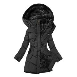 Guhmomh Winterjacke Damen Steppjacke Warmer Wintermantel Fleece Gefüttert Daunenjacke mit Kapuze Parka Elegant Winterparka Einfarbig Hoodie Bequemes Winddicht Mantel Damen Sale Schwarz L von Guhmomh