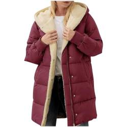 Guhmomh Winterjacke Damen Wintermantel Lange Steppjacke Warme Gefüttert Daunenjacke Langarm Parka mit Kapuze Winterparka Einfarbig Hoodie Reißverschluss Mantel Angebote Wein L von Guhmomh