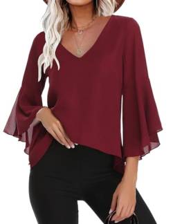 Gyabnw Damen Chiffon Bluse Volantärmeln Tunika 3/4 Arm Elegant Chiffontunika Festlich Chiffon Bluse V Ausschnitt Oberteill mit Trompetenärmeln Rand M von Gyabnw